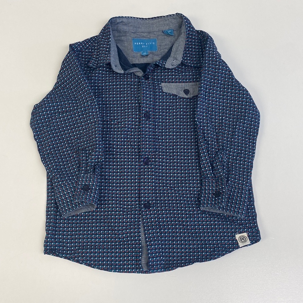 Perry Ellis Toddler Button Down Shirt Size 2T, navy, aqua, white, and red/orange